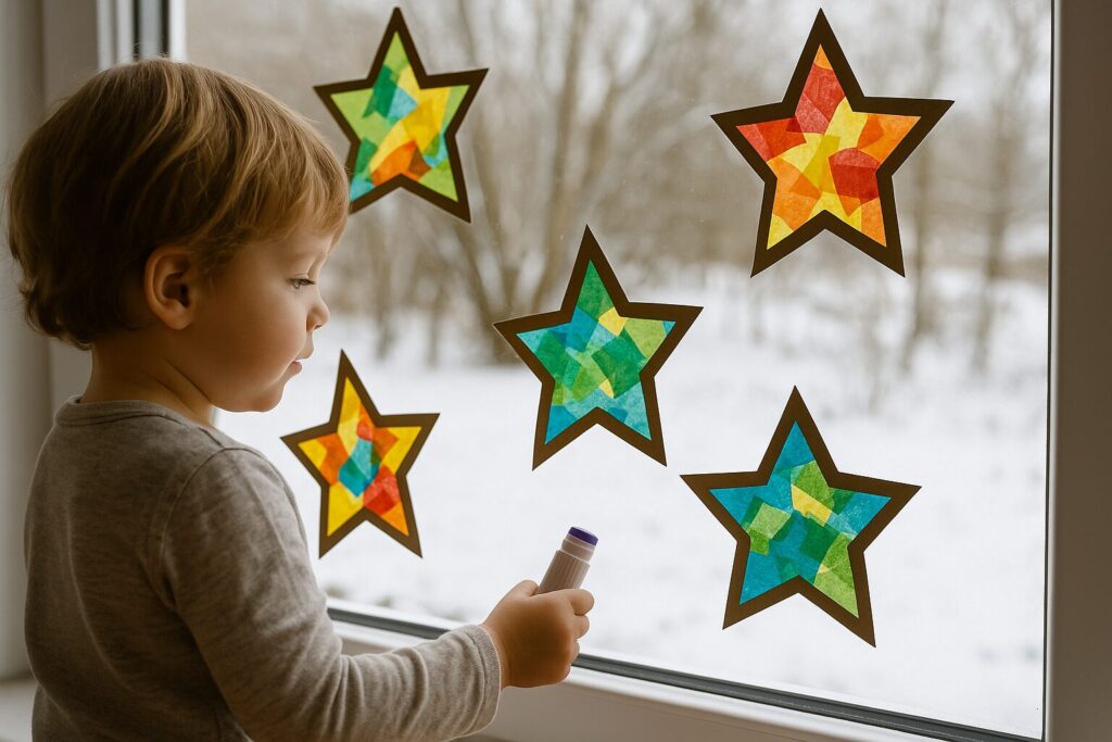 Bastelidee: Winterliche Fensterbilder aus Papier und Pappe