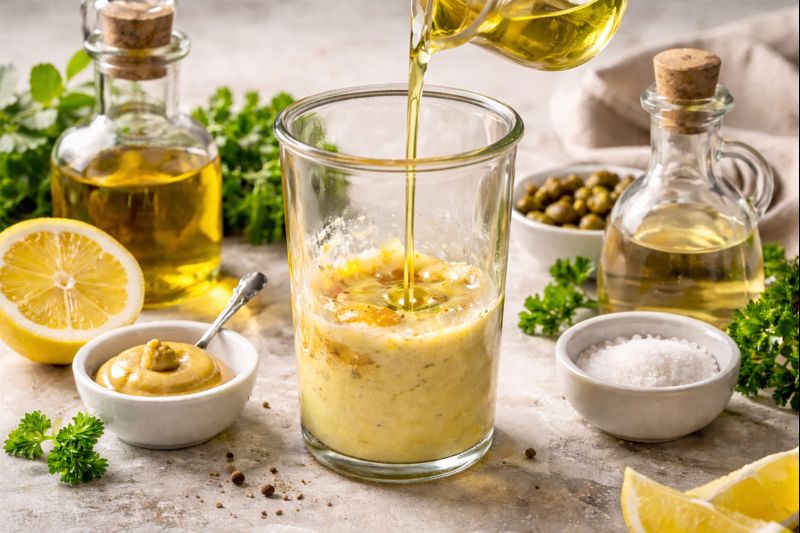 Öl zu den pürierten Zutaten gießen