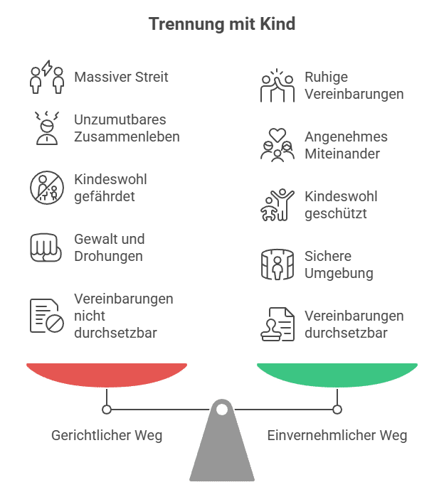 Trennung mit Kind - wer muss ausziehen und welche Strategie, einvernehmlich oder gerichtlich, trägt - Grafik