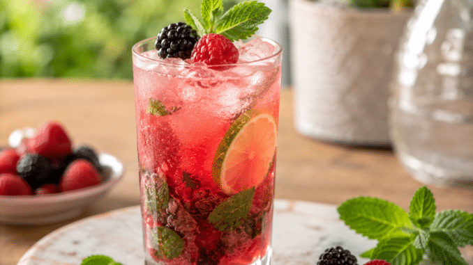 Fruchtiger Beeren-Minz-Mocktail mit Tonic