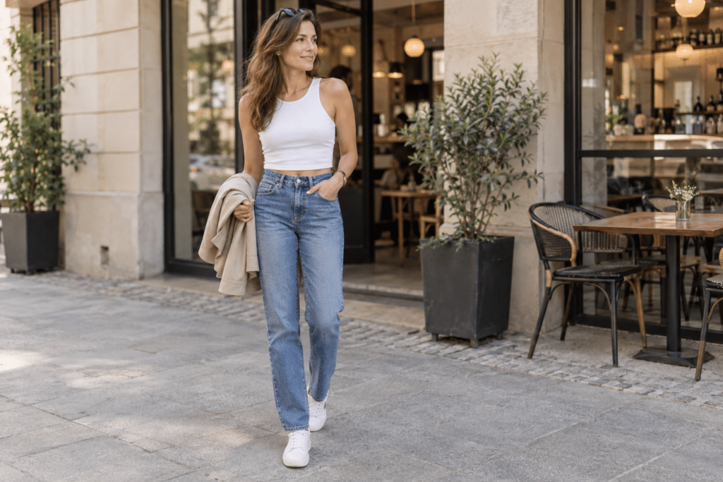 Crop Top mit High-Waist-Jeans kombinieren