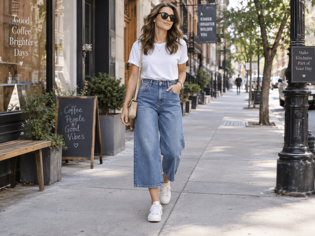 Für den Alltag gestylte Culotte Jeans